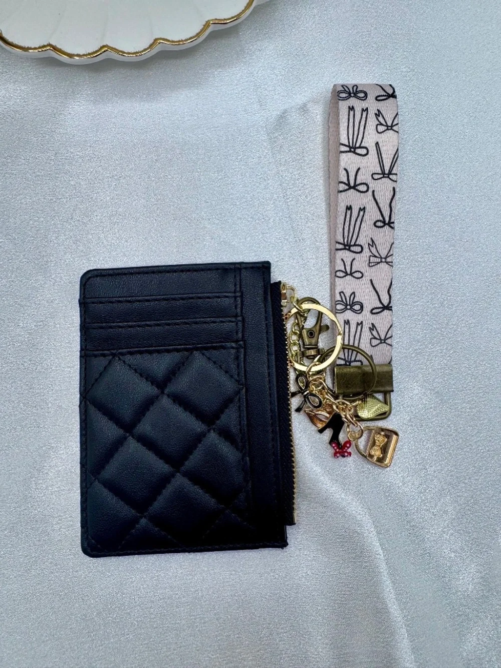 Black Quilted Card Holder Wallet Keychain Wristlet Charm Set